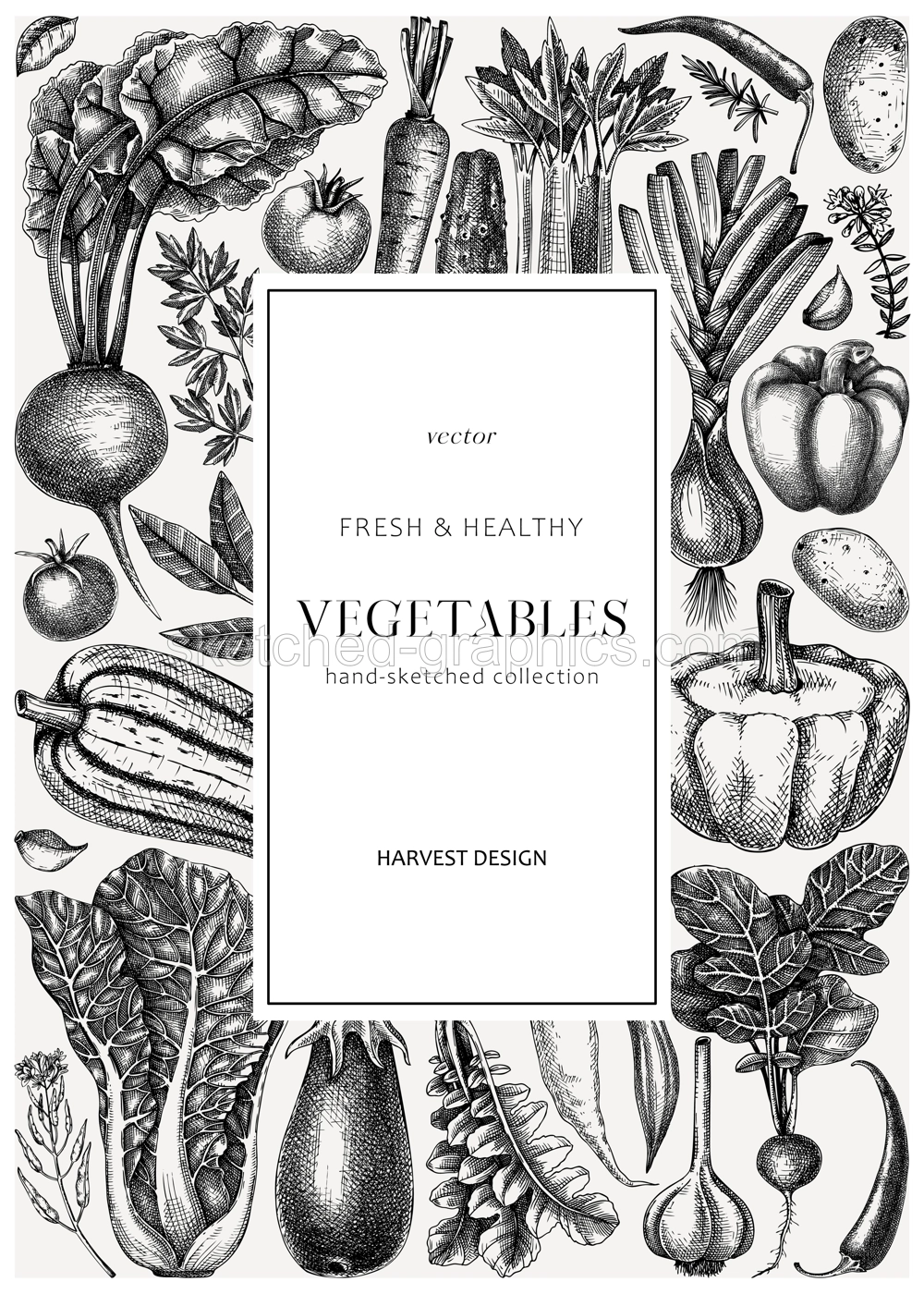 Hand-sketched vegetable card design in vintage style. Hand-drawn food plants background design. Healthy food wreath template for menu, recipe, restaurant, packaging. Botanical illustration Illustration